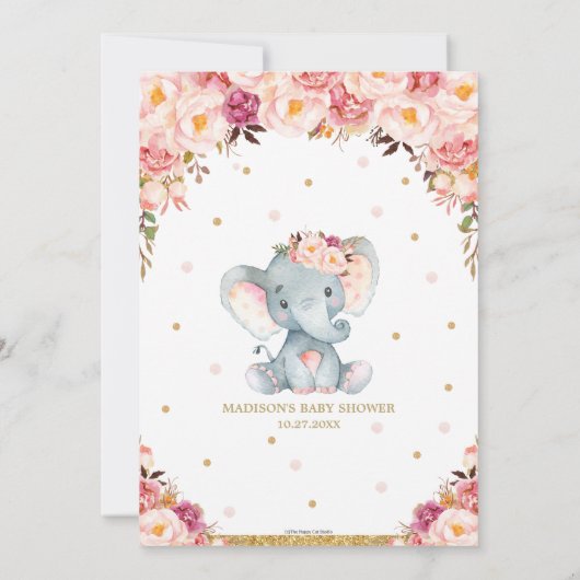 Chique Blush Bloemenolifant Baby shower Verjaardag Bedankkaart (Achterkant)