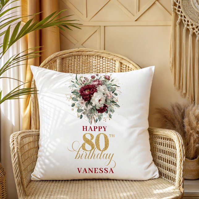 Chique Blush Burgundy 80e Verjaardag Kussen (Chic Blush Burgundy 80th Birthday Gift Pillow)
