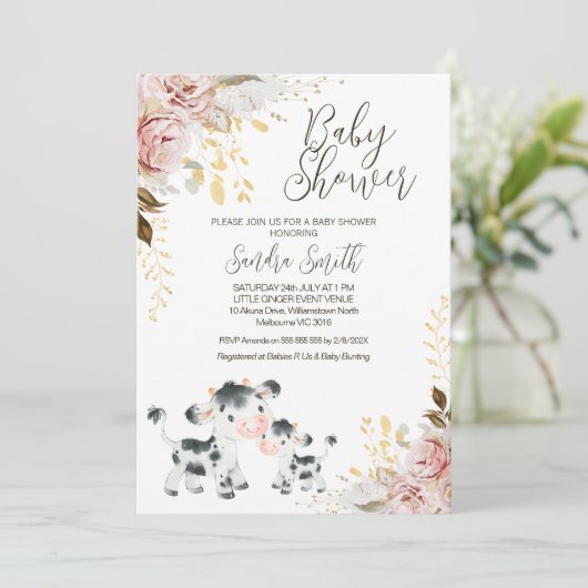 Chique Blush Goud Koe Kalf Baby shower Kaart (Staand voorkant)