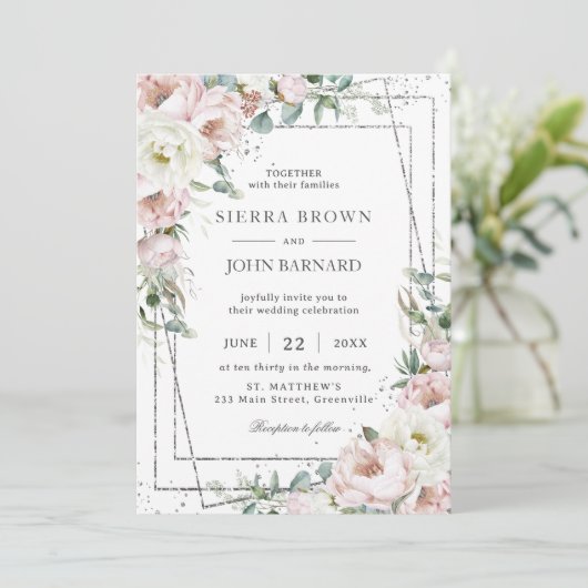 Chique Blush Ivoor Pioenen Bloemen Geometrische Br Kaart (Staand voorkant)