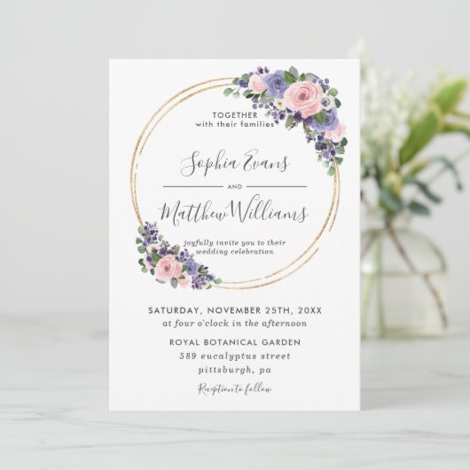 Chique Blush Lavendel Paarse Bloemen Gouden Bruilo Kaart (Staand voorkant)