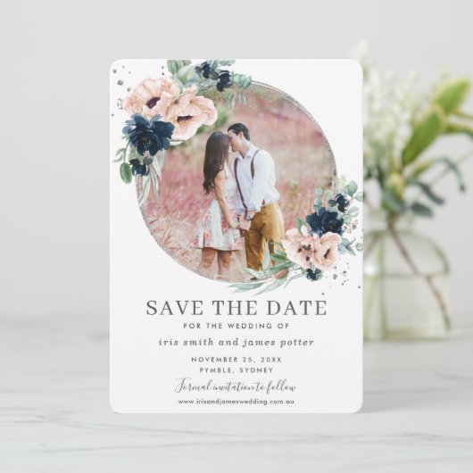 Chique Blush Navy Blauw Bloemen Zilver Groen Foto Save The Date (Staand voorkant)