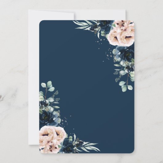 Chique Blush Navy Blauw Bloemen Zilver Groen Foto Save The Date (Achterkant)