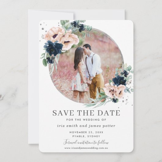 Chique Blush Navy Blauw Bloemen Zilver Groen Foto Save The Date (Voorkant)