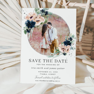 Chique Blush Navy Blauw Bloemen Zilver Groen Foto Save The Date