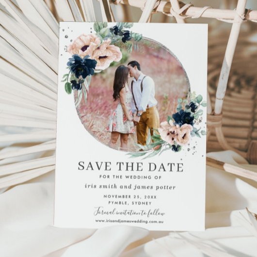Chique Blush Navy Blauw Bloemen Zilver Groen Foto Save The Date