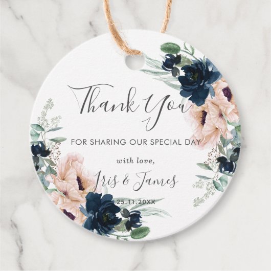 Chique Blush Navy Blue Roos Bloemen Bruiloft Dank  Bedankjes Labels (Voorkant)