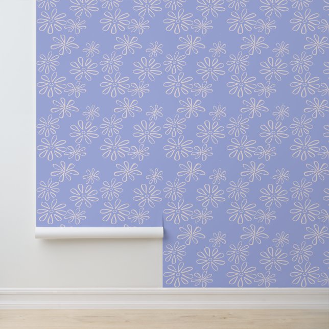 Chique Blush op Periwinkle Blue Flower Doodle Behang (Applicatie)