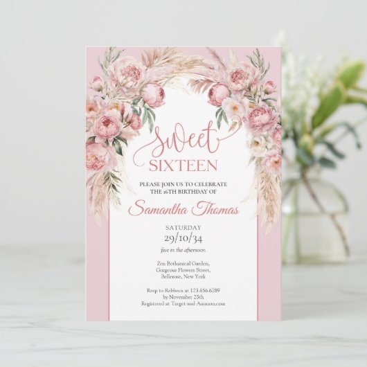 Chique blush pampas boho arch eucalyptus kaart (Staand voorkant)