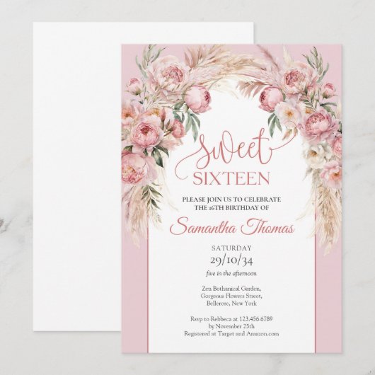 Chique blush pampas boho arch eucalyptus kaart (Voorkant / Achterkant)