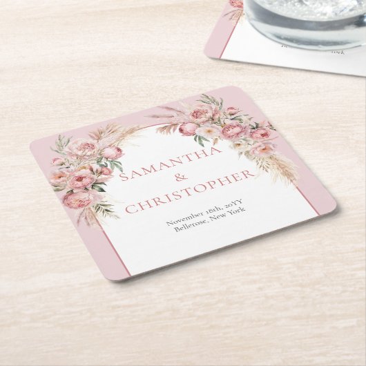 Chique blush pampas boho arch eucalyptus kartonnen onderzetters (Schuin)
