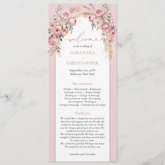 Chique blush peonies pampas boho arch boho program programmakaart (Voorkant)