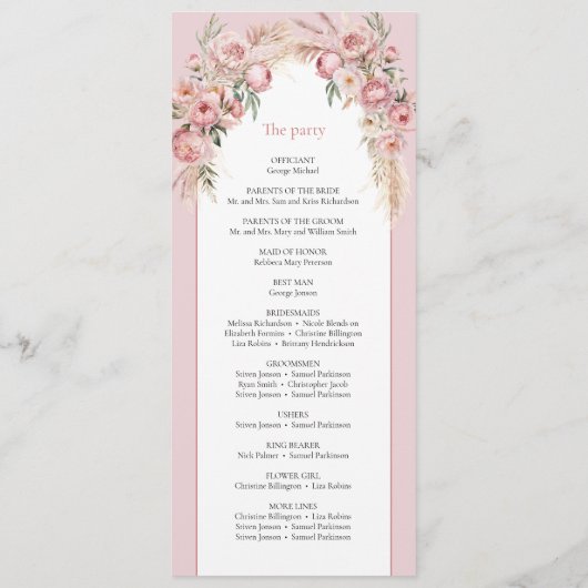 Chique blush peonies pampas boho arch boho program programmakaart (Achterkant)