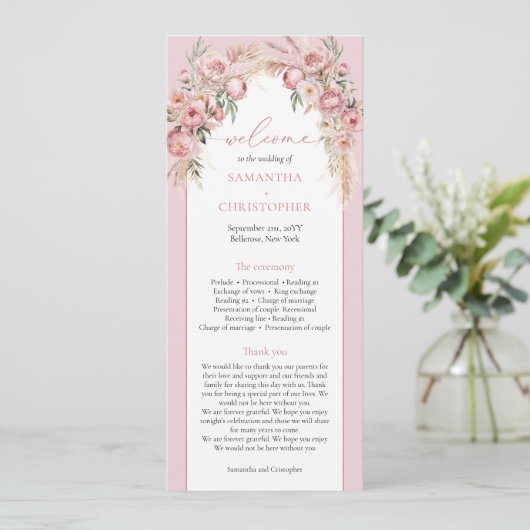 Chique blush peonies pampas boho arch boho program programmakaart (Staand voorkant)