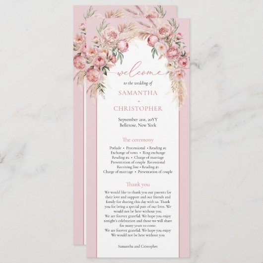 Chique blush peonies pampas boho arch boho program programmakaart (Voorkant / Achterkant)