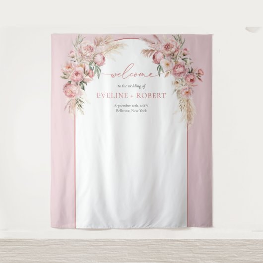 Chique blush pioenen pampas boho boogwijze bruilof wandkleed (Voorkant)