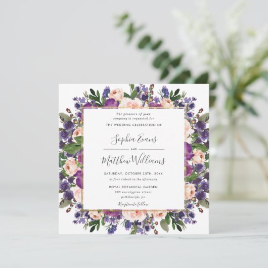 Chique Blush Plum Lavendel Paarse Bloemen Bruiloft Kaart (Staand voorkant)