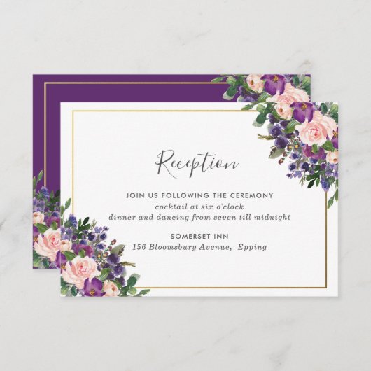 Chique blush pruim Paarse bloemenbruiloft receptie Informatiekaartje (Voorkant / Achterkant)