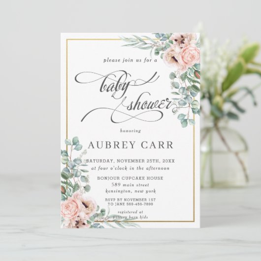 Chique Blush Roos Bloemen Baby shower Geometrisch  Kaart (Staand voorkant)