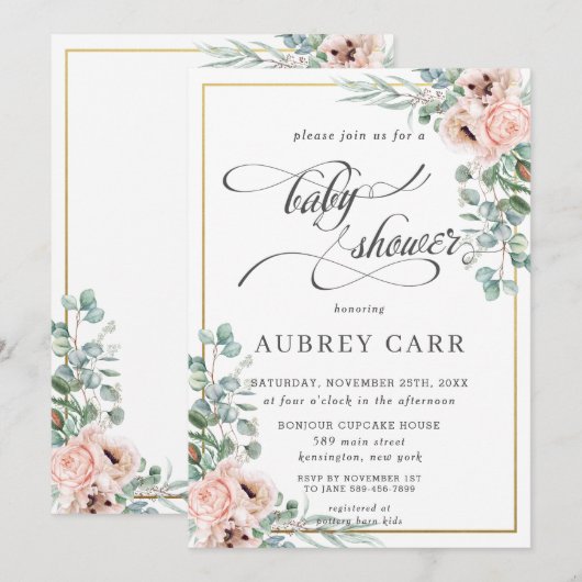 Chique Blush Roos Bloemen Baby shower Geometrisch  Kaart (Voorkant / Achterkant)