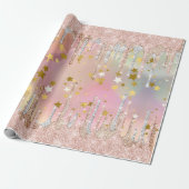 Chique blush roos eenhoorn druppelen glitter cadeaupapier (Uitgerold)