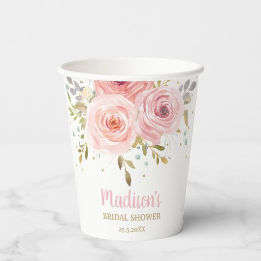 Chique Blush Roze Bloemen Baby shower Verjaardagsf Papieren Bekers (Achterkant)