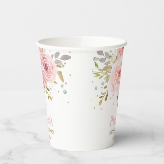 Chique Blush Roze Bloemen Baby shower Verjaardagsf Papieren Bekers (Links)