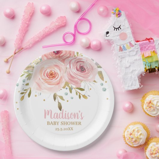 Chique Blush Roze Bloemen Baby shower Verjaardagsf Papieren Bordje (Feest)
