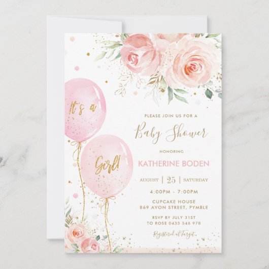 Chique Blush Roze Bloemen Ballonnen Goud Baby show Kaart (Voorkant)