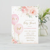 Chique Blush Roze Bloemen Ballonnen Goud Baby show Kaart (Staand voorkant)