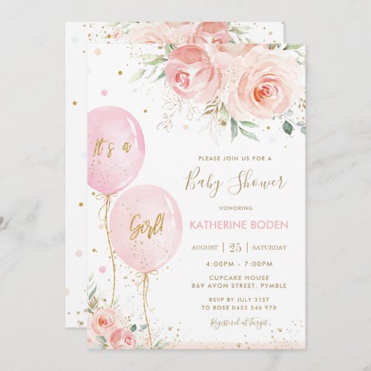 Chique Blush Roze Bloemen Ballonnen Goud Baby show Kaart (Voorkant / Achterkant)