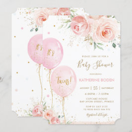 Chique Blush Roze Bloemen Ballons Twins Baby showe Kaart
