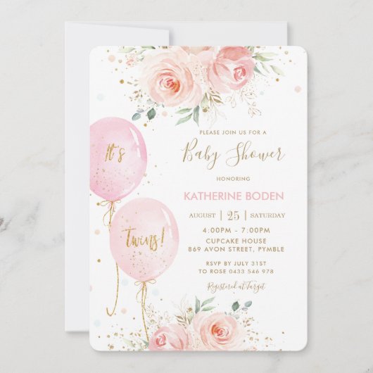Chique Blush Roze Bloemen Ballons Twins Baby showe Kaart (Voorkant)