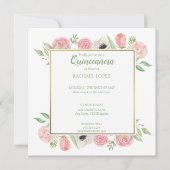 Chique Blush Roze Bloemen | Goud Lijst Quinceanera Kaart (Voorkant)