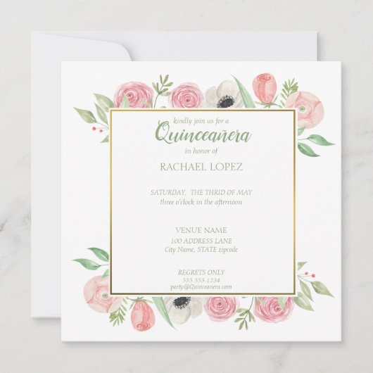 Chique Blush Roze Bloemen | Goud Lijst Quinceanera Kaart (Voorkant)