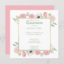 Chique Blush Roze Bloemen | Goud Lijst Quinceanera