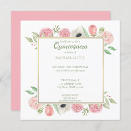 Chique Blush Roze Bloemen | Goud Lijst Quinceanera Kaart