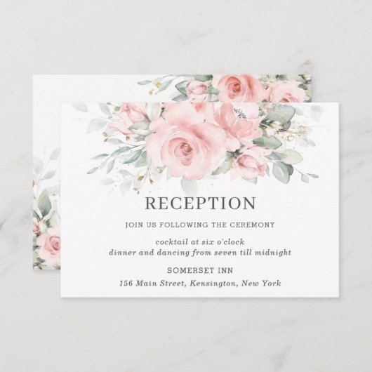 Chique Blush Roze Bloemen Groen Bruiloft Receptie Informatiekaartje (Voorkant / Achterkant)