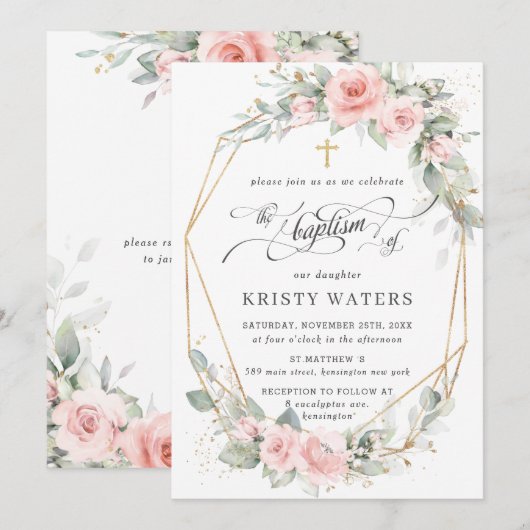 Chique Blush Roze Bloemen Groen Dop Geometrisch Kaart (Voorkant / Achterkant)