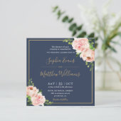 Chique Blush Roze Bloemen Groen Navy Bruiloft Kaart (Staand voorkant)