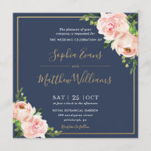 Chique Blush Roze Bloemen Groen Navy Bruiloft