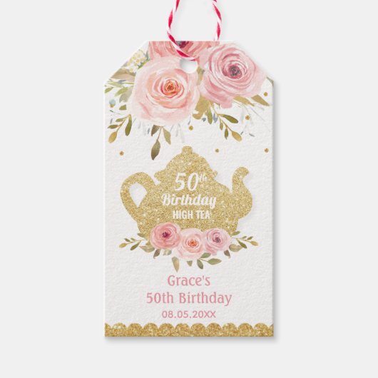Chique Blush Roze Bloemen High Tea Party Verjaarda Cadeaulabel (Voorkant)