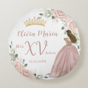 Chique Blush Roze Bloemen Prinses Jurk Quinceañera Rond Kussen