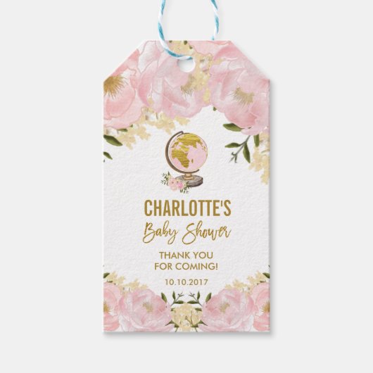 Chique Blush Roze Bloemen Reizen Avontuur Baby Mei Cadeaulabel (Voorkant)