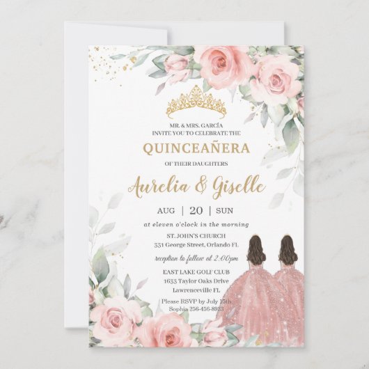 Chique Blush Roze Bloemen Roos Gouden Twins Quince Kaart (Voorkant)