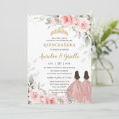 Chique Blush Roze Bloemen Roos Gouden Twins Quince Kaart (Staand voorkant)