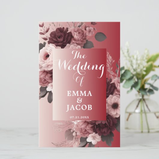 Chique Blush Roze Bourgondië Floral bruiloft progr (Staand voorkant)