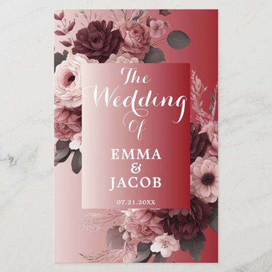 Chique Blush Roze Bourgondië Floral bruiloft progr (Voorkant)