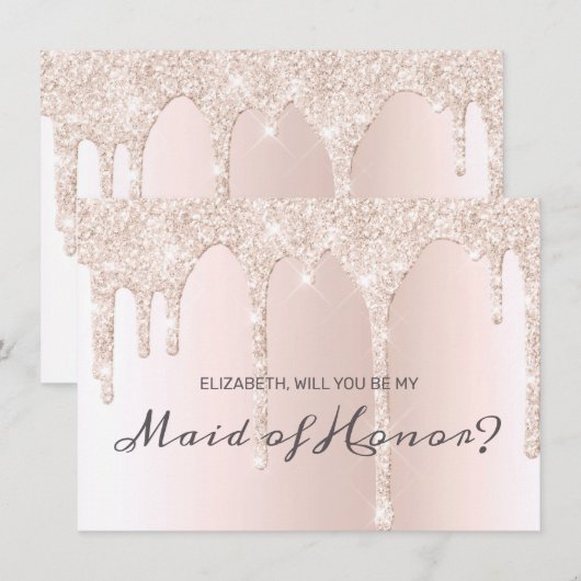 Chique Blush Roze Dripping Glitter Maid of Honor Kaart (Voorkant / Achterkant)