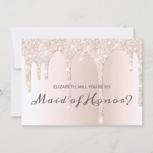 Chique Blush Roze Dripping Glitter Maid of Honor Kaart (Voorkant)